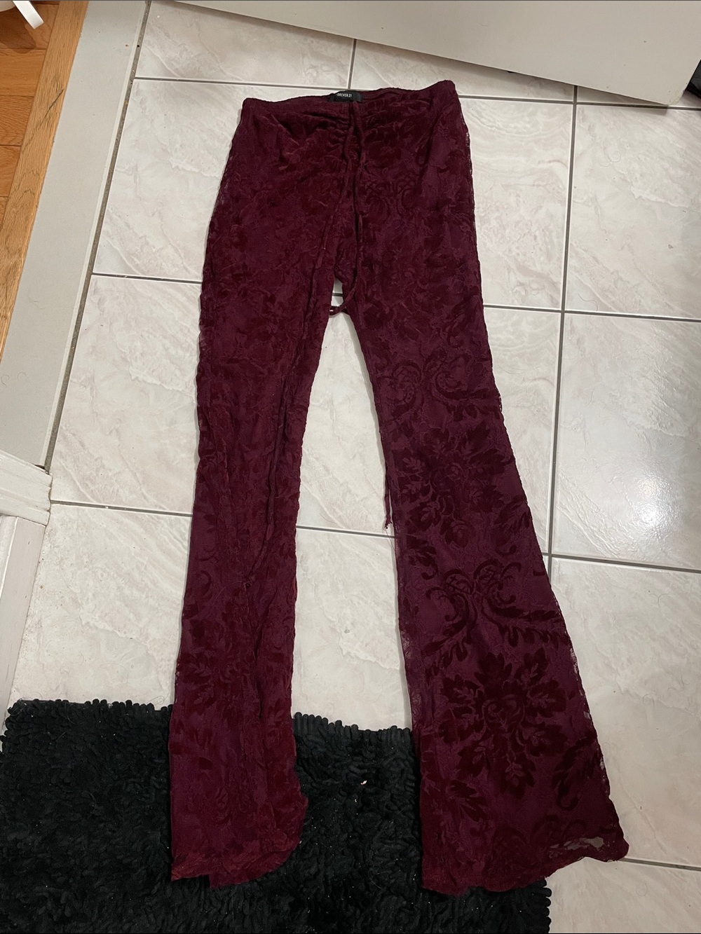 Burgundy Velvet lace Burnout Flared Pants